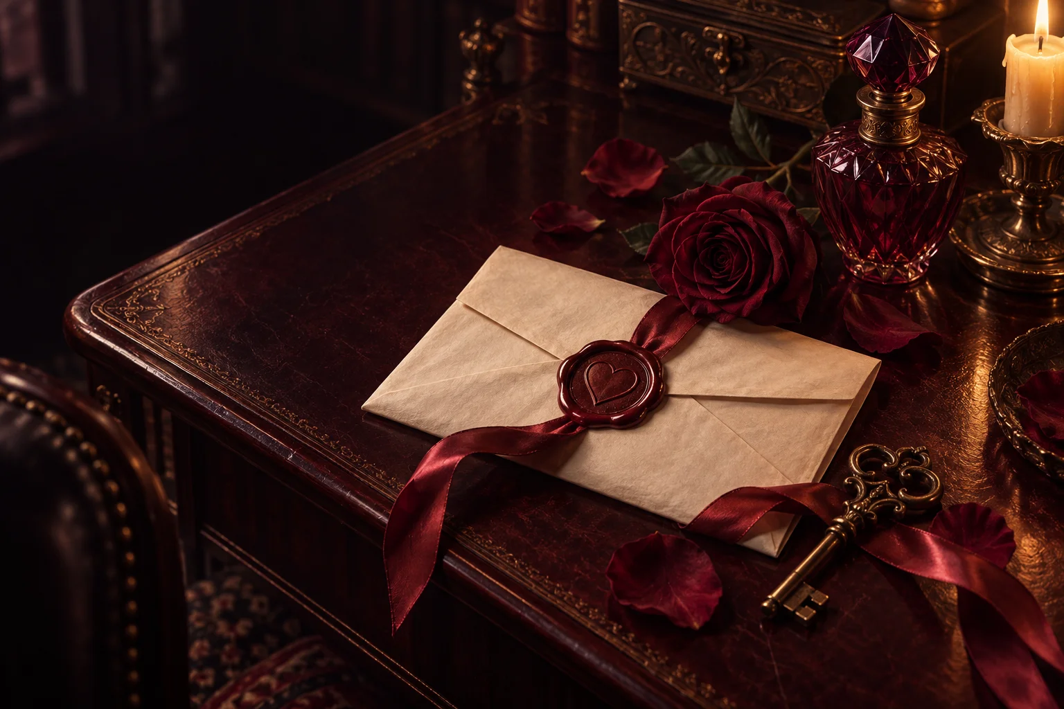 Une lettre scellée, une rose, un flacon de parfum en verre rubis et un ruban de satin sur un bureau éclairé à la bougie